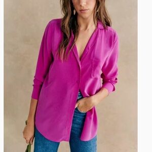 NEW Sezane Florence Shirt Silk Blouse - Fuchsia